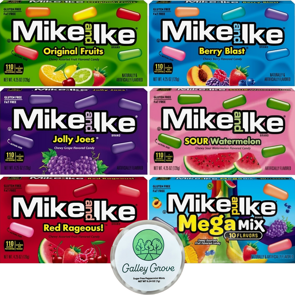 Mike and Ike Candy Variety, 6 Theater Boxes (4.25 oz) Jolly Joe's, Red Rageous, Berry Blast, Sour Watermelon, Original Fruit & Mega Mix Bundle With Galley Grove Sugar-Free Breath Mints