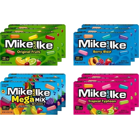Mike Ike Chewy Candy, Theater Box Variety Pack, 4 Flavors (Original, Mega, Tropical, Berry), 3 Boxes each Flavor, 12 Boxes Total, 4.25 Ounce each Box
