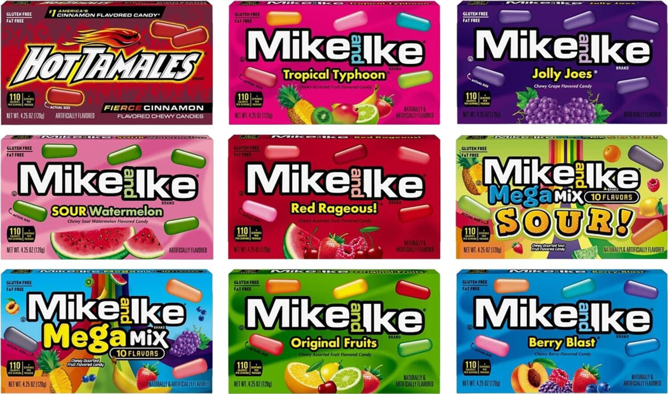 Mike  Ike Chewy Candy, Theater Box Variety Pack, 9 Flavors (Original, Mega, Tropical, Berry, Jolly, Red, Tamales, Mega Sour, Watermelon), 1 Box each Flavor, 9 Boxes Total, 4.25 Ounce each Box