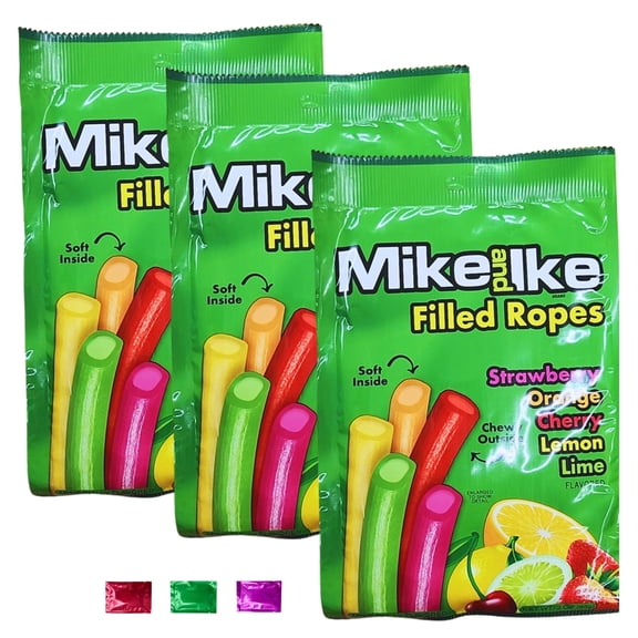 Mike and Ike Filled Ropes Candy 3 Oz 3 Pack, Soft and Chewy Candy Ropes, Assorted Fruit Flavored Filled Licorice Ropes, Party Favor Treats Snacks Stocking Stuffers w/ Snoep in Beperkte Oplage