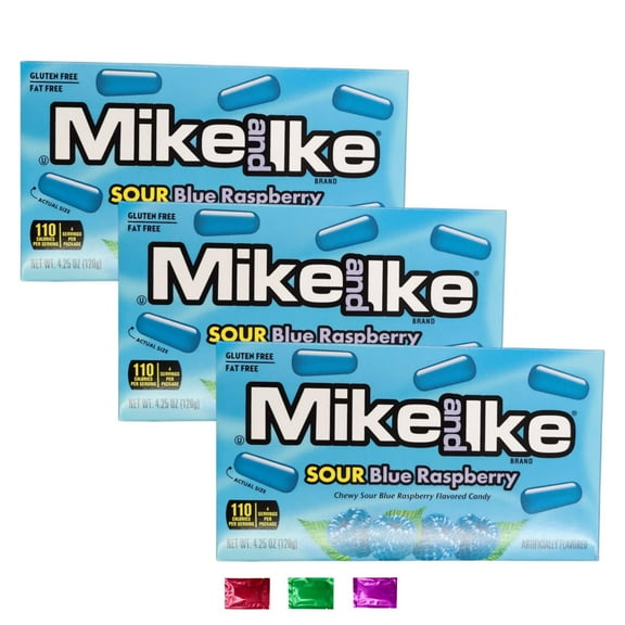 Mike and Ike Sour Blue Raspberry Candy 4.25 Oz Pack of 3, Chewy Sour Candy Party Favors Snacks Gift Basket Stuffers, Fat-Free Gluten-Free Kosher Certified Treats w/ Snoep in Beperkte Oplage