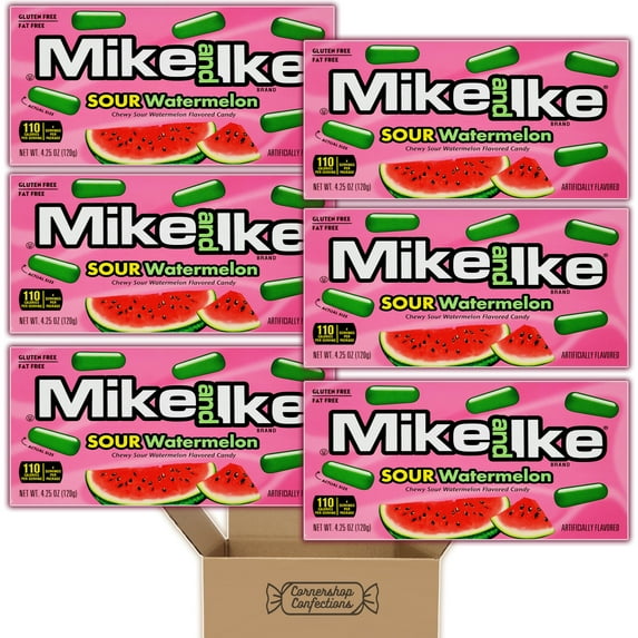 Mike and Ike Sour Watermelon Movie Theater Box Candy Bundle Pack - 6 Individually Sealed 4.25 Ounce Boxes - Chewy Sour Watermelon Flavored Candy - Snack, Lunch, Movies in Cornershop Confections Pack