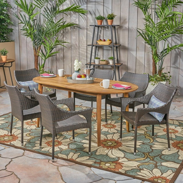 Mike Outdoor 7 Piece Acacia Wood Dining Set with Stacking Wicker Chairs, Teak, Multi Brown
