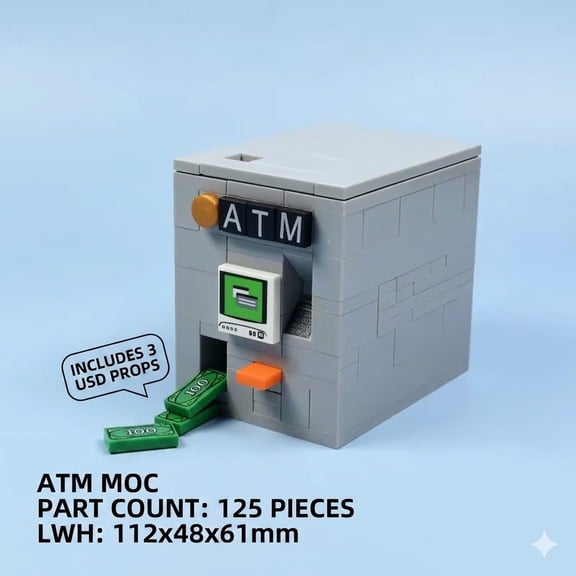 Mike Rie ATM Machine MOC Building Blocks Set, 125-Piece Premium ABS Desktop Display Model with 3 Play Dollars for Adults and Block Enthusiasts