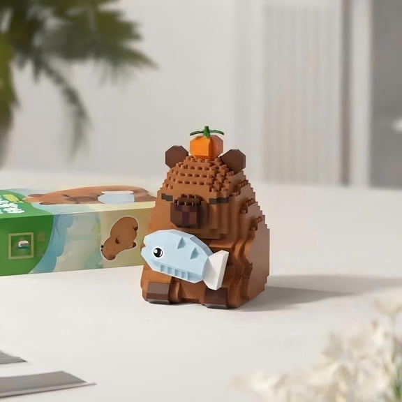 Mike Rie Capybara Building Block Set, ABS Micro Blocks Animal Display Model with Fish Accessory, Cute Capybara Desk Decoration Collectible Model Kit