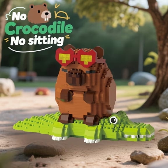 Mike Rie Capybara and Crocodile Building Block Set, ABS Animal Micro Blocks Display Model, Cute Fantasy Animal Scene Desk Decoration Collectible Model Kit