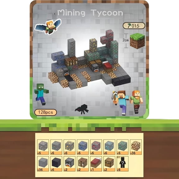 Mike Rie Mining Tycoon Building Blocks Set 6-Side Magnetic Mini Block Mine Playset 128pcs
