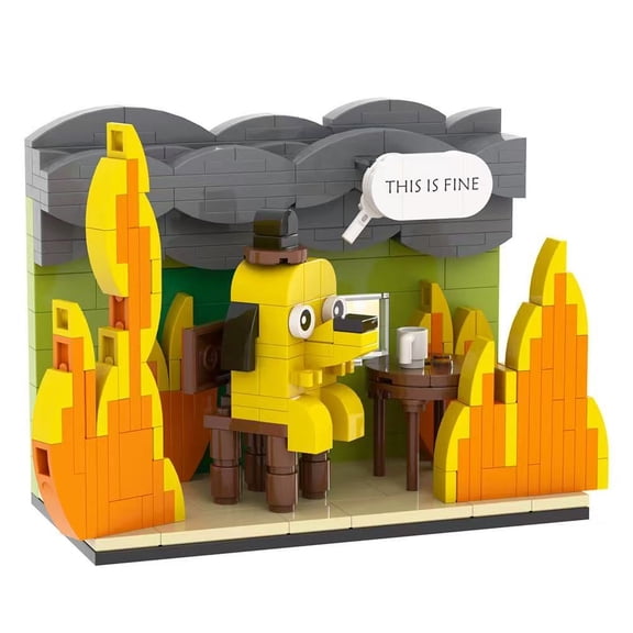 Mike Rie "This is Fine" Dog Meme Building Block Set, 299PCS ABS Full Scene Room Diorama, Funny Internet Meme Collectible Model, Desktop Decor Novelty Gift for Adults