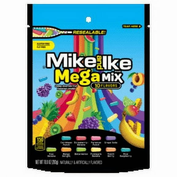 Mike and Ike Mega Mix Chewy Candy, 10 Ounce Stand Up Bag -- 8 per case.
