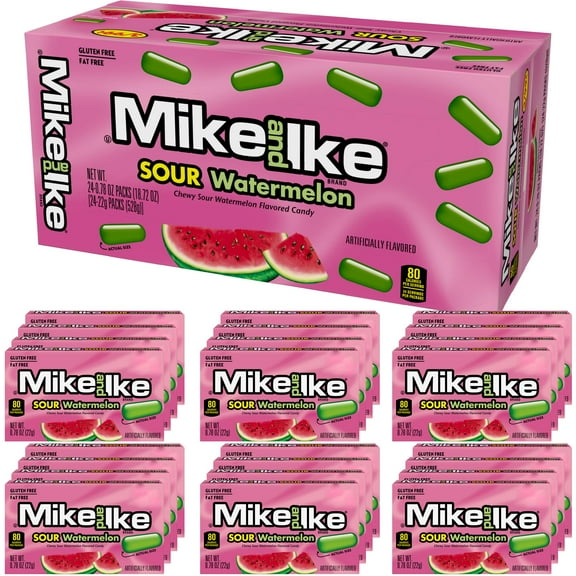 Mike and Ike Sour Watermelon Candy, 0.78 Ounce Box (Pack of 24), Chewy Candy, Vending Machine Candy, Green Candy