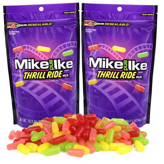 Mike and Ike Thrill Ride Mix, Bulk Chewy Candies, Resealable Bags, 10 Ounces, Pack of 2