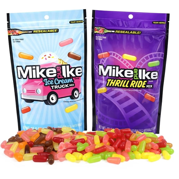 Mike and Ike Variety Pack, Ice Cream Truck and Thrill Ride Chewy Candies, 10 Ounce Resealable Bags, 2 Pack