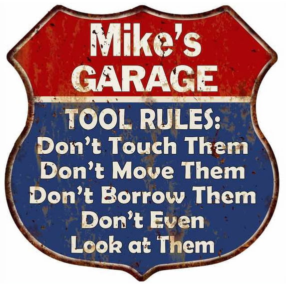 Mike's Garage Man Cave Rules Gift Gift Shield Metal Sign 211110001094