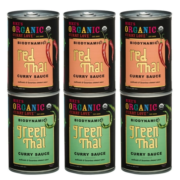 Mike's Organic and Biodynamic Red & Green Thai Curry Sauces 6 x 13.5 fl oz Tin Cans -Variety Pack