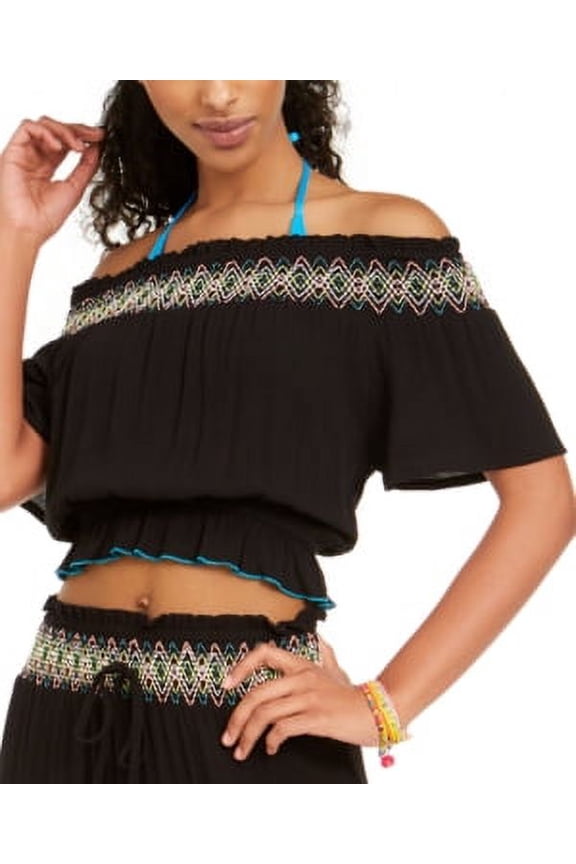 BLACK Juniors' Smocked Off-the-Shoulder Swim Cover-up Top, US Large