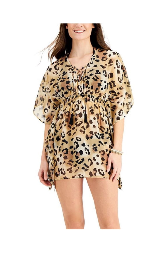 Junior's Animal Print Swim Cover Up Swimsuit Brown Size Medium