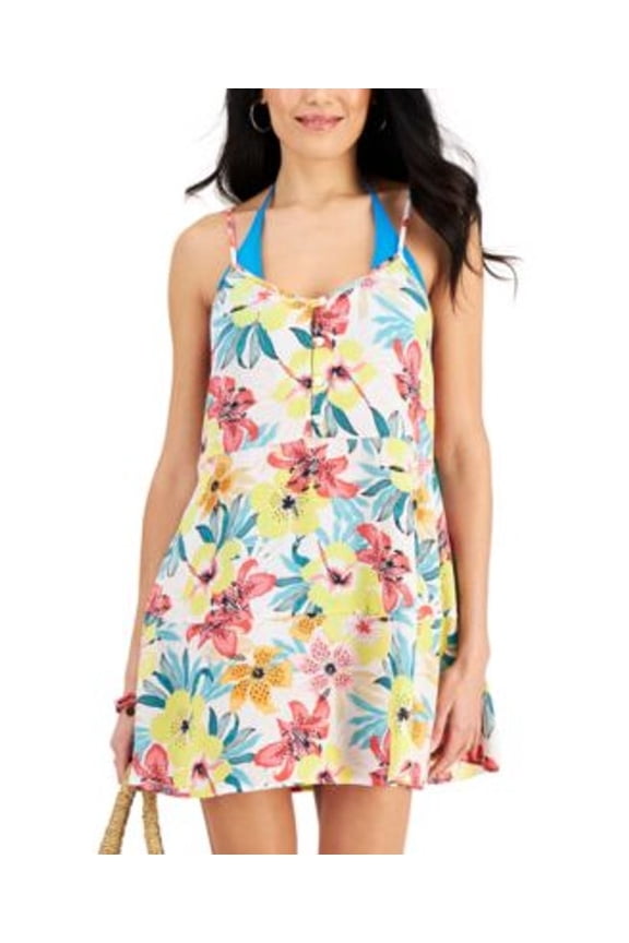 BRIGHT WHITE MULTI Juniors' Printed Tiered Cover-up Dress, US X-Large