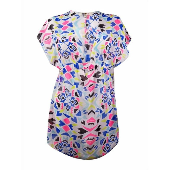 Miken Women's Geo-Print V-Neck Chiffon Swim Cover (S, White/Wind Song)