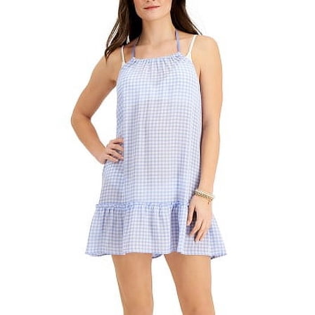 Miken Women's Juniors' High-Neck Tiered Cover-Up Dress  Swimsuit Blue Size L