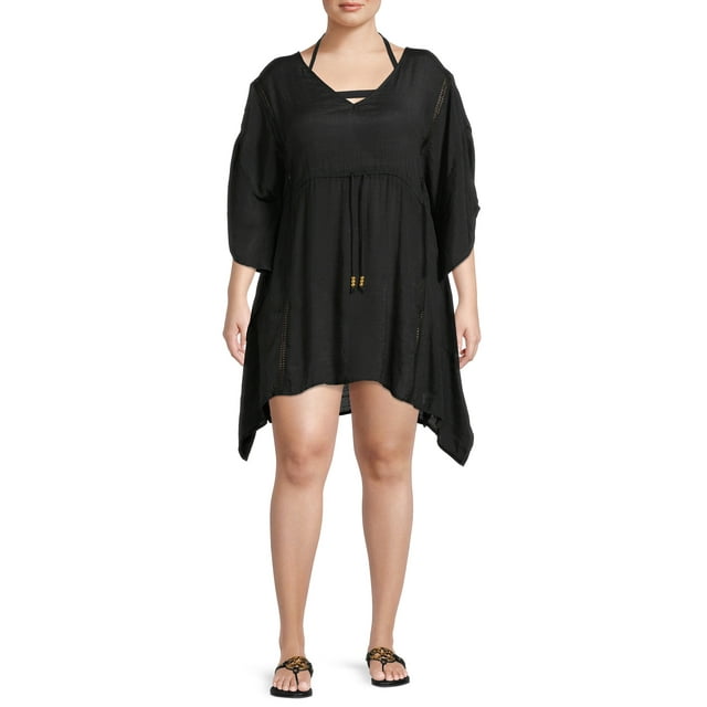 Miken Women's Plus Size Crochet Accent Caftan Swimsuit Coverup