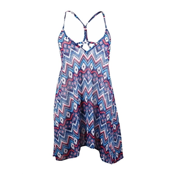 Miken Women's Tribal Spaghetti Chiffon Swim Cover (XS, Indigo/Coral)