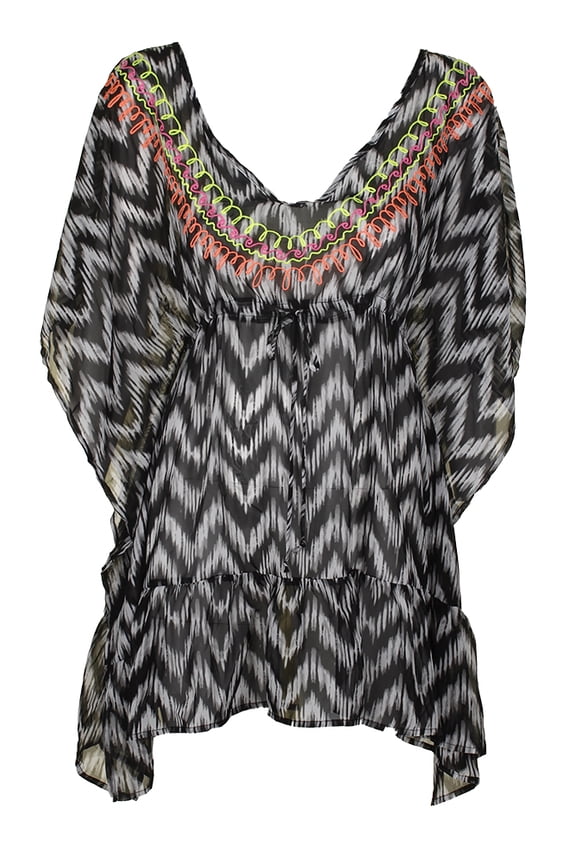 Womens Embroidered Ruffle Tunic Dress Swim Cover-Up (S, Black/White)