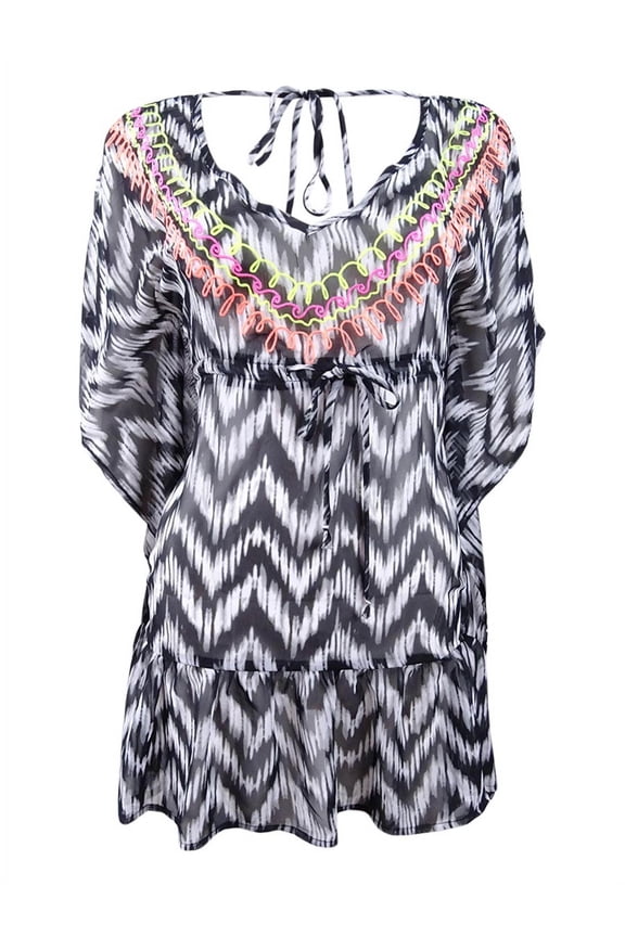 Womens Embroidered V-Back Ruffled Tunic Dress Swim Cover-Up , Medium