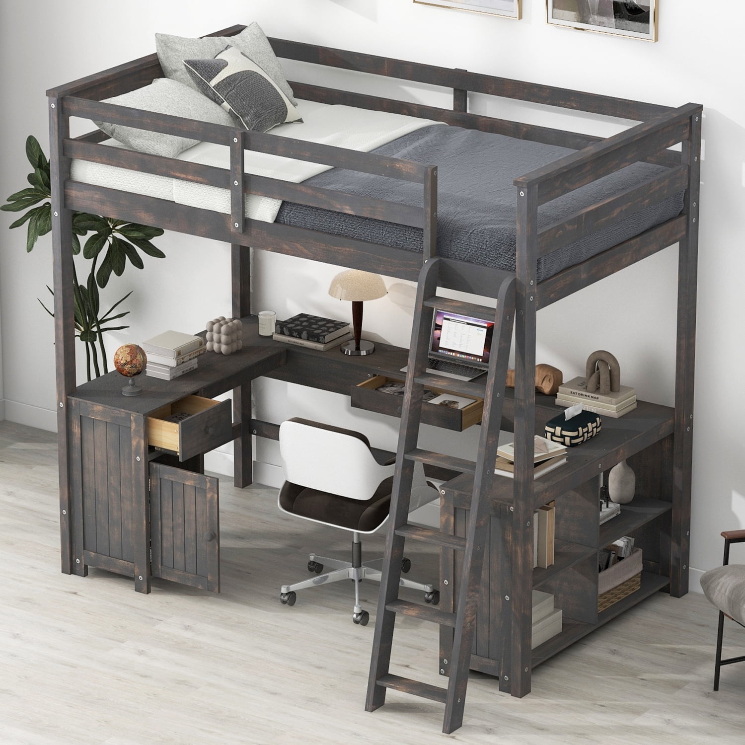Mikeor Furniture Full Size Loft Bed with U-shaped Desk, Drawers and Storage Shelves, Antique Brown C4BAAD