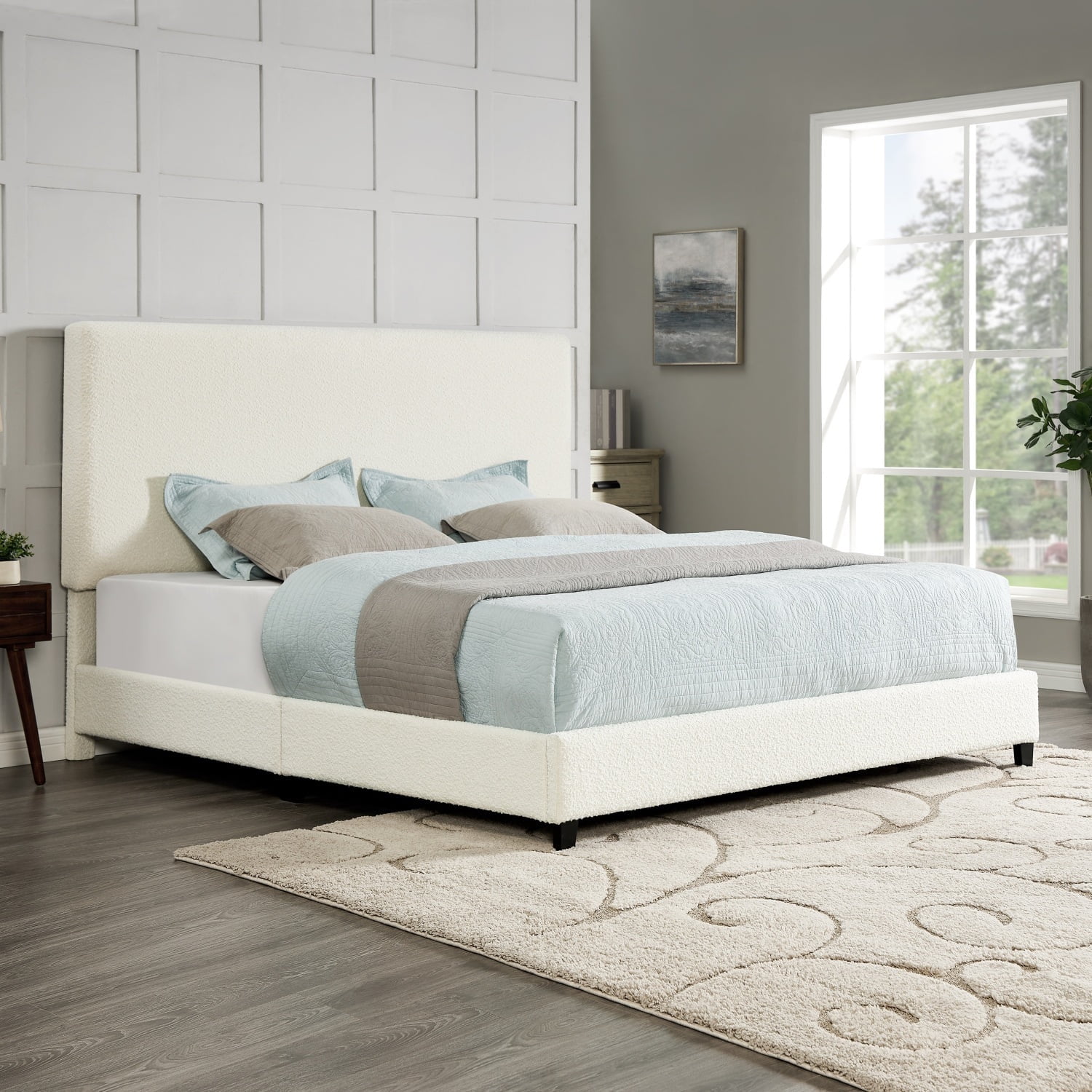 Mikeor Furniture King Size White Boucle Upholstered Platform Bed C4B257