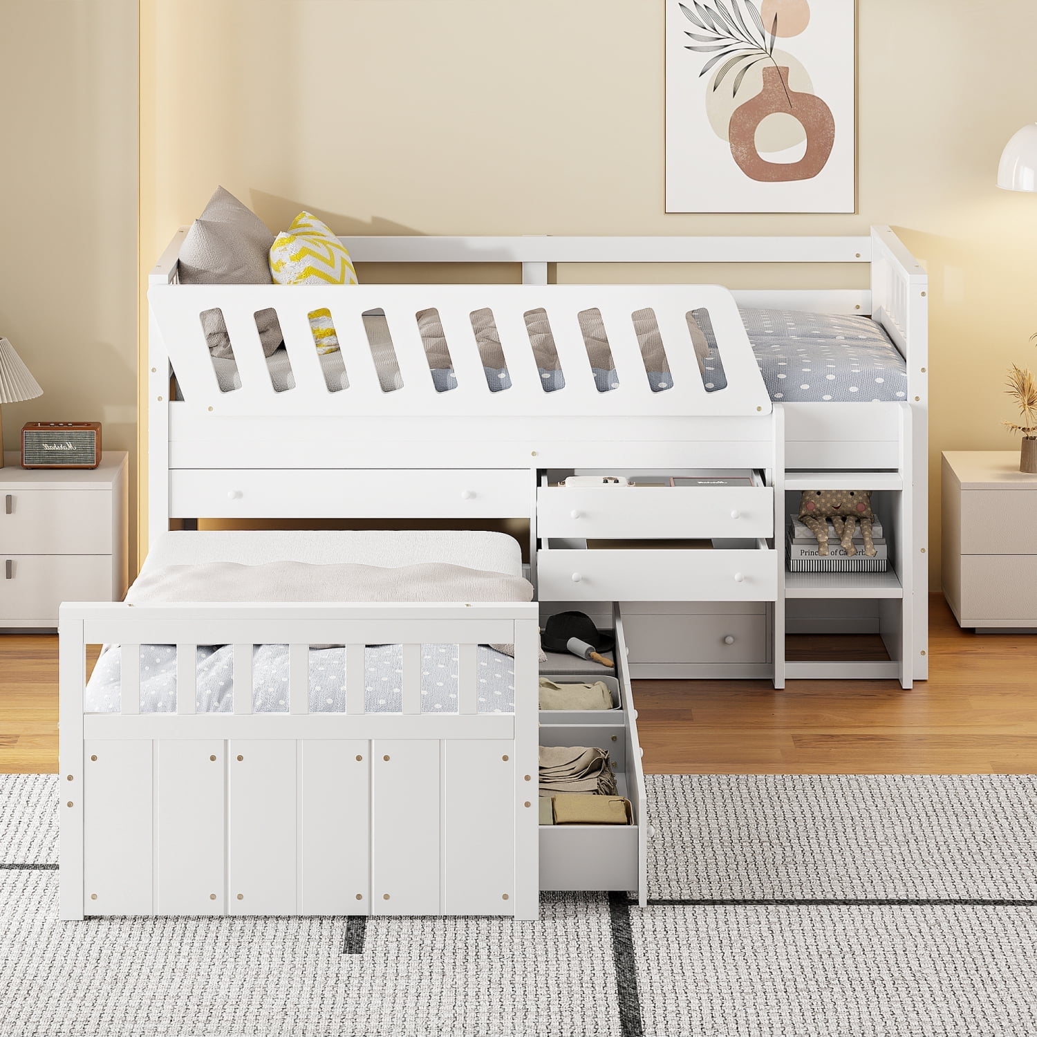 Mikeor Furniture L shaped Space Saving Twin Loft and Twin Platform Bed with 7 Drawers and Full Guardrails WHITE C4BAAK