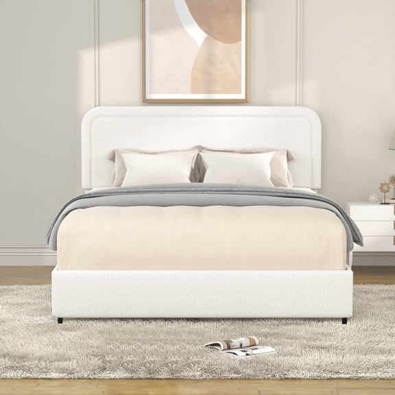 Mikeor Furniture Liv Patented 2-Drawers Storage Bed Queen Size Ivory Boucle Upholstered Platform Bed, Curved Stitched Tufted Headboard, Wooden Slat Mattress Support, No Box Spring Needed C4B198