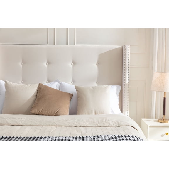 Mikeor Furniture Peyton Upholstered Queen Bed / 54" High Headboard / Traditional Hand Buttoned Tufting / Nailhead Trim Wingback / No Box Spring Needed / Easy Assembly / Ivory Velvet C4B026
