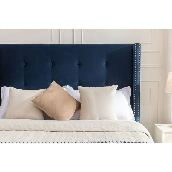 Mikeor Furniture Peyton Upholstered Queen Bed / 54" High Headboard / Traditional Hand Buttoned Tufting / Nailhead Trim Wingback / No Box Spring Needed / Easy Assembly / Blue Velvet C4B028