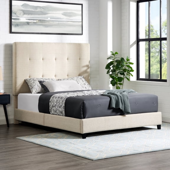 Mikeor Furniture Queen Size Beige Tufted Upholstered Platform Bed C4B252