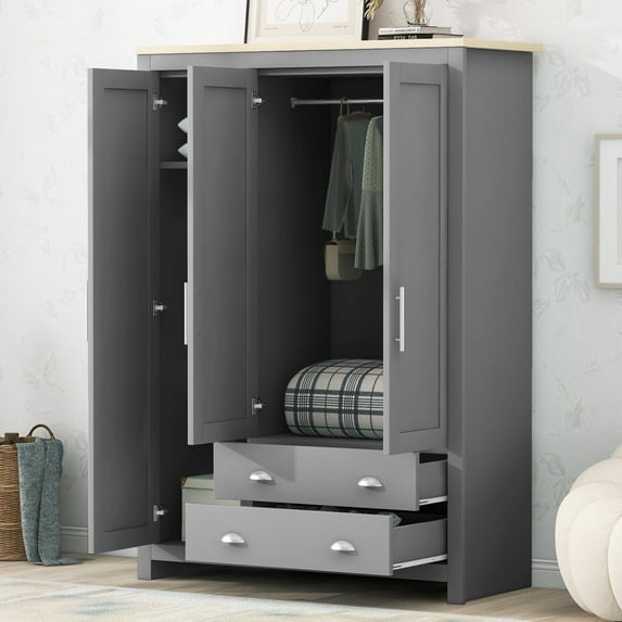 Mikeor Furniture Three Door Storage Wardrobe with Cabinets and Two Hanging Rods,Gray C4BAAE