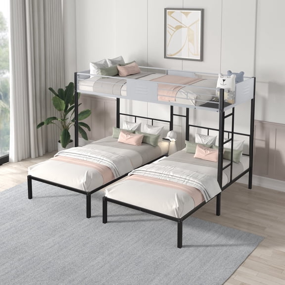 Mikeor Furniture Triple Bunk Bed with Vent Board/ Sturdy Metal Frame/ Noise-Free Wood Slats/ Separatable into three beds/ No Box Spring Needed C4B071