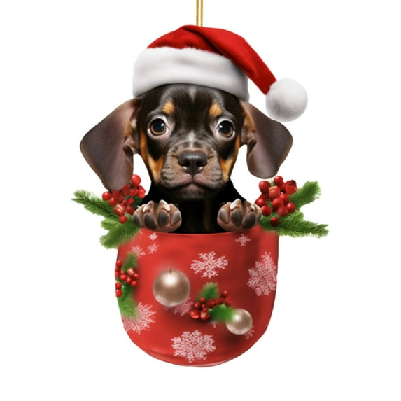 SLYNSHome 2 Pcs Christmas Dog Hanging Ornament,3.1 Inch Xmas Dog in Tea Cup Pendant with Hat Acrylic Dachshund Figurine for Car Backpacks Tree Door Decoration or as Dog Lover Xmas Gift