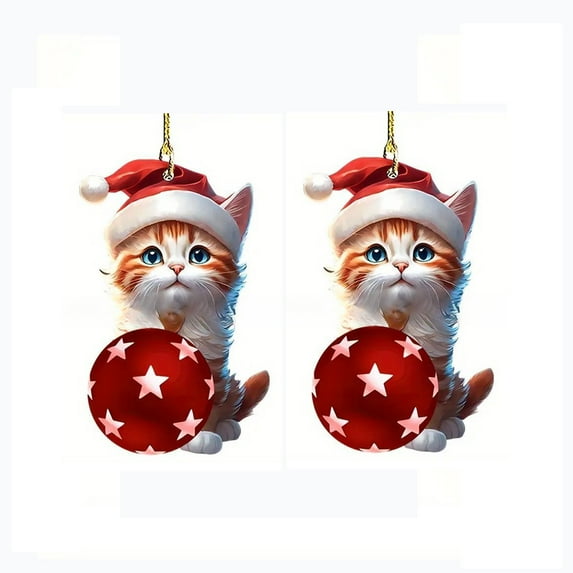 Christmas 2Pcs Christmas Ball Ornaments Cute Cat Pendant Acrylic Car Rearview Mirror Pendant Christmas Tree Decorations