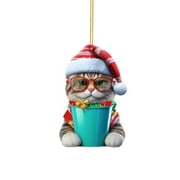SLYNSHome Christmas Tree Cat Ornament,3.1 Inch Xmas Cute Cat Pendant with Xmas Hat and Drink Cup Hanging Acrylic Mini Cat for Holiday Car Rearview Mirror Backpacks Xmas Gift Blue