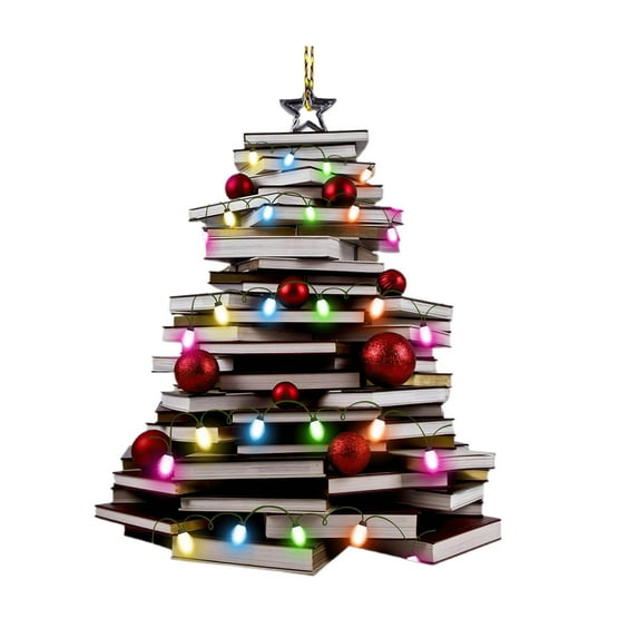 SLYNSHome Christmas Tree Shape Bookshelf Ornaments,3.1 Inch 2D Acrylic Flat Books Stacked Ornament Christmas Hanging Book Pendant for Holidays Indoor Outdoor Decoration Party Supplies