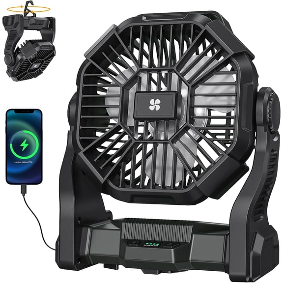 Mikhai Portable Fan Rechargeable, 20000mAh Cordless Battery Fan Portable with LED Lantern, USB C Battery Operated for Camping Travel Bedroom Home Tent Office Beach Desk Fishing Table, black.