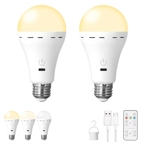 Mikhai 2 Pack Tri-color light bulbs LED Light Bulbs with Remote,rechargeable light bulbs, No App or Wi-Fi Required, Bulbs