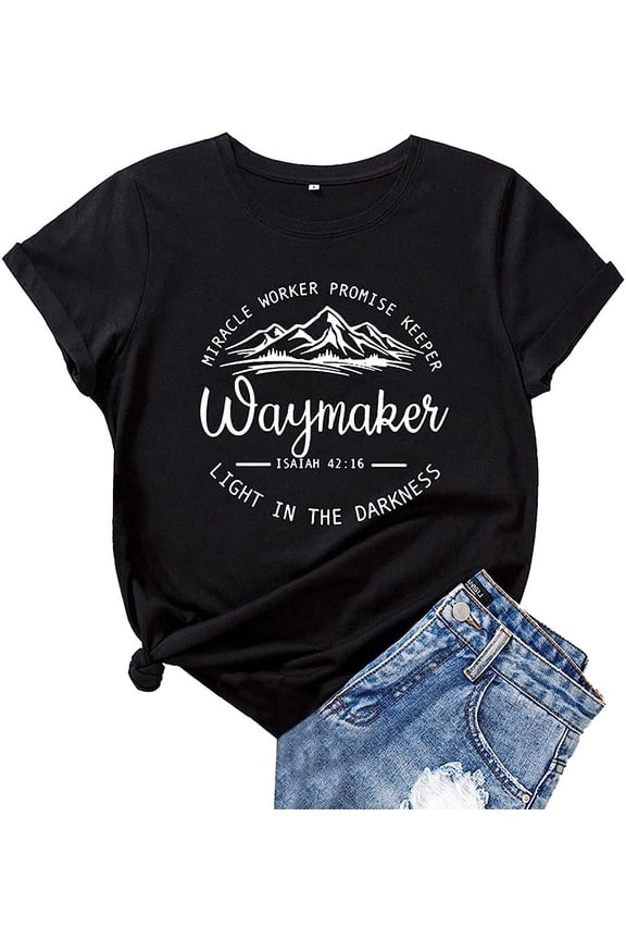 Mikialong Waymaker Tshirt Short Sleeve Jesus Shirts for Women Saying Christian T Shirts Black X-Large