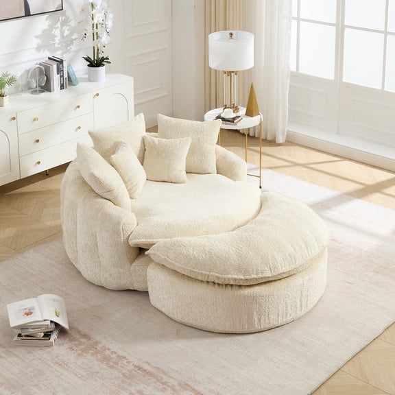 MIKIBAMA Oversized Round Lounge Sofa with Footrest for Adults, Beige Polyester