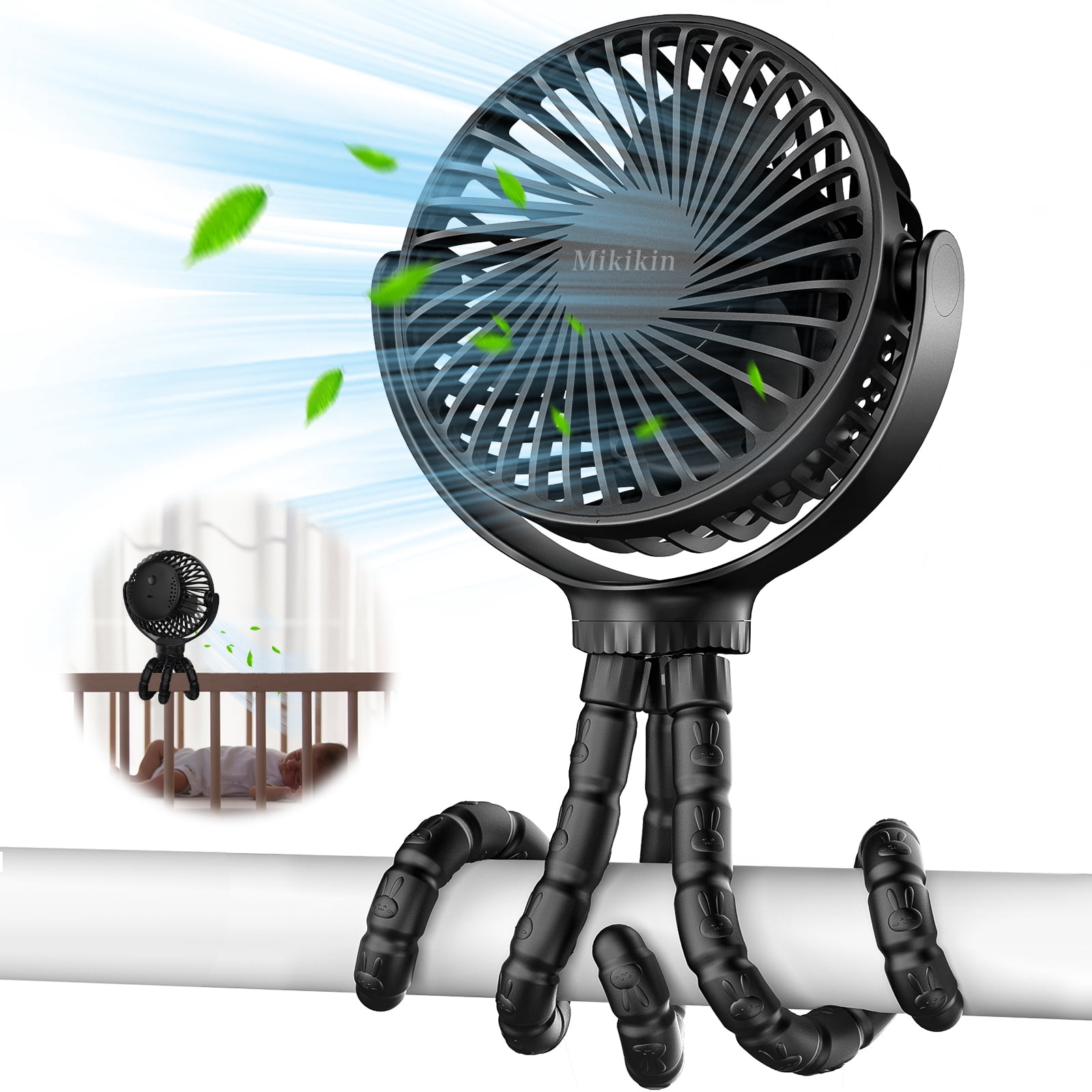 Mikikin Baby Stroller Fan, Mini Portable Personal Handheld Fan,Clip on Fan with Flexible Tripod, USB Rechargeable Cooling Desk Fan for Travel, Car Seat, Camping, Bedroom(Black)