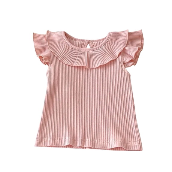 Mikilon Spring Summer Baby Girl Flying Sleeve Top with Leaf Collar Doll Shirt Versatile Solid Color Strip Thin Breathable T-shirt for 0-4 Years(Pink,2 Years)
