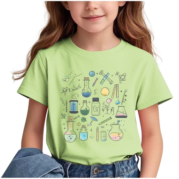 Fesfesfes Summer Cute Printed Pattern T-shirt with Short Sleeves for Children School Season Round Neck Half Sleeve Casual Tops for Boys Girls(Green,12 Years)