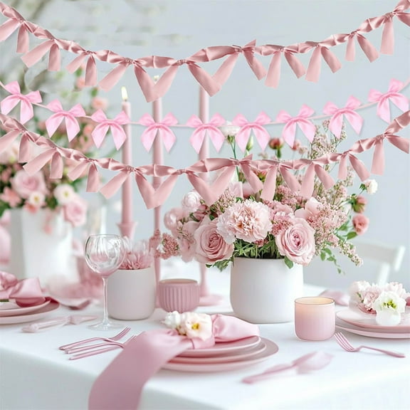 Mikilon 2Pcs 6.5Ft Bow Garland Banner, Ribbon Bow Party Decorations for Baby Shower Girls Bow Coquette Birthday Party Decor (Peach Pink)