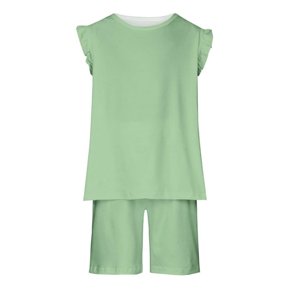 Mikilon 3-14 Years Girl Solid Color Sets Sleeveless Cotton T-shirt and Shorts Summer Comfortable Sets