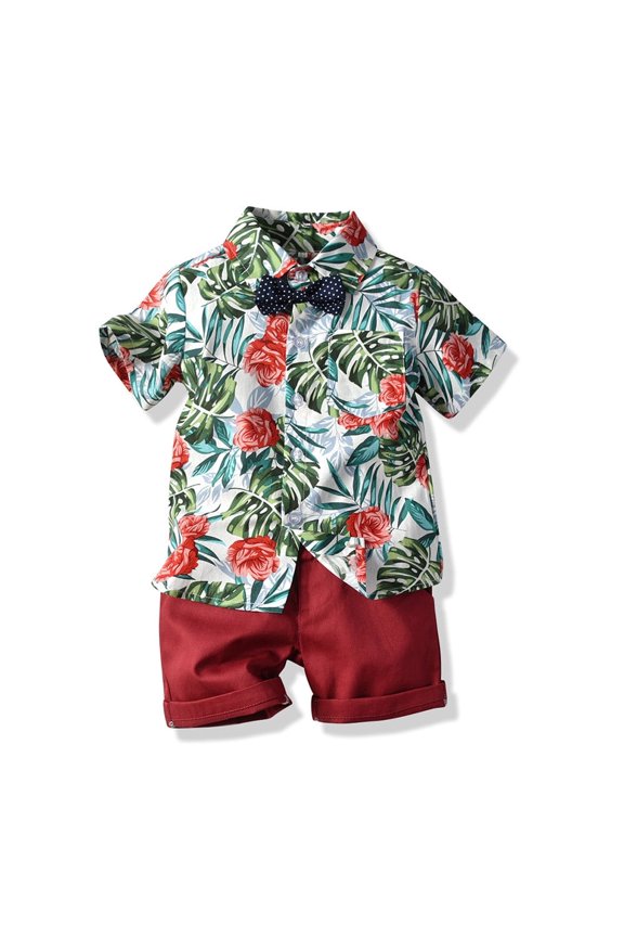 Mikilon 3 Months-5 Years Boys' Vacation Sets Leisure Comfort Short Sleeve Top + Solid Color Shorts Summer Two Pieces Set